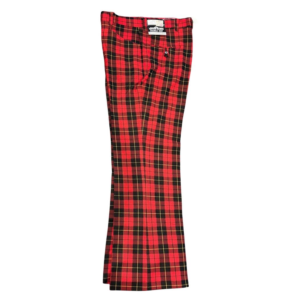 NOS Kings Road Dbl Knit Dress Pants Slacks 36 M Red Plaid Vtg 60/70's Flare TR